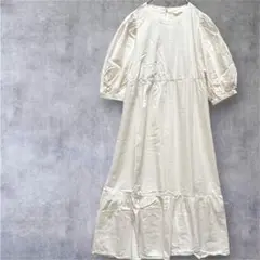 【H&M】ノーカラーシャツワンピース　五分袖　パフスリーブ　白　US/M