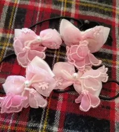 ピンク リボン ヘアゴム 4個セット パール付き キッズ