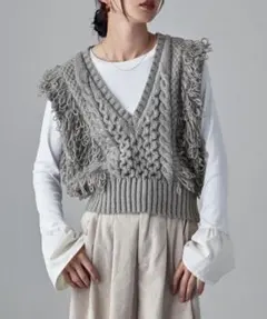 グレー フリンジ Vネック ニットベスト サイズF