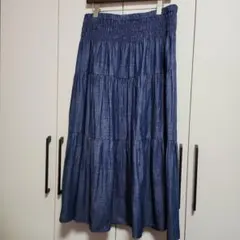 ダークブルー フレアスカート シャーリングウエスト(大きめサイズ)