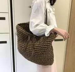 【新品】レディース かごバッグ  　編み込みトートバッグ（ダークブラウン）