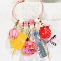 7お祭りにぎやかジャラジャラキーホルダー　瓶ラムネとパイン飴