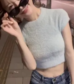 dazy ニットトップス　ソリッドカラー　ファジーニット　ブルー　XSサイズ