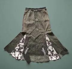 雅結 カーキ 門番と桜 総刺繍レース風ジャガードマーメイドロングスカート