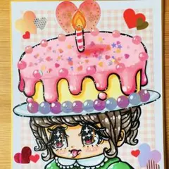手描きイラスト 【キラキラケーキハット】 色紙 直筆 オリジナルイラスト 原画
