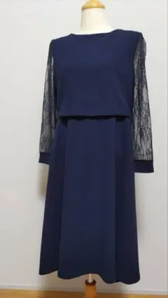ネイビー レース長袖 授乳口付き 産前産後ワンピース