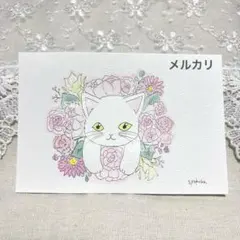 原画　水彩画　猫　花　植物　ポストカード　手描きイラスト　オリジナルイラスト