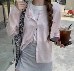 丸首　長袖　シアーカーディガン　ピンク