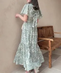 dazzlin リボンフレアスリーブフラワーワンピース グリーン
