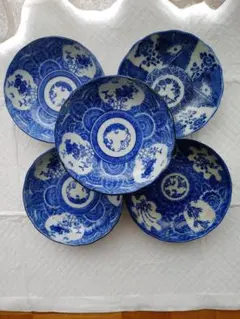 極美品】古伊万里 染付 なます皿 5客セット 四季花文 江戸後期〜明治 骨董のサムネイル