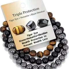 天然石ブレスレット 3点セット、8mmタイガーアイ・ヘマタイト・オブシディアン