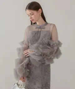 Leja フリルチュールスリーブリボンIラインワンピースドレス