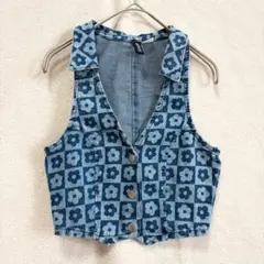 H&M 花柄 総柄 デニムベスト クロップド 32 XS ブルー Y2K 古着のサムネイル