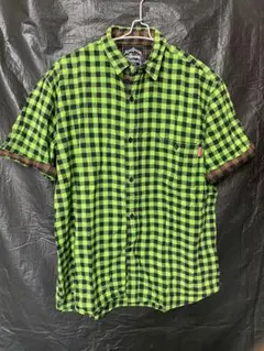 stussy グリーン ブラック 半袖シャツ ネルシャツ フランネルシャツ