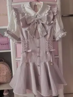 LIZ LISA リズリサ 半袖レースワンピース くすみブルー リボン付き 0