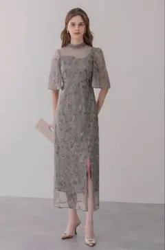 レジャ【美品】花柄刺繍スパンコールスリットIラインドレス　M