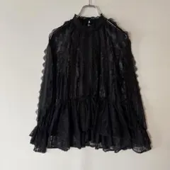 総レース ブラウス 刺繍 スタンドカラー ティアード ボリューム袖 黒