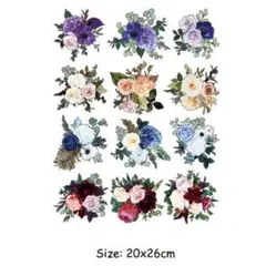 アイロン転写シート　「12の花束」　はな　ハナ　赤　紫　ピンク　水色　バラ