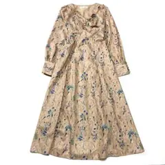 昭和レトロ花柄長袖ロングワンピースフリル襟背面リボン大人可愛いベージュ古着