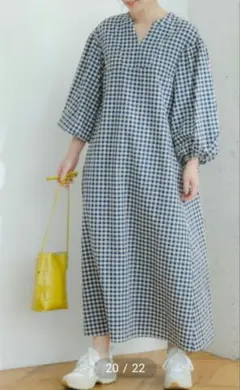 かぐれ リネン チェックギャザーワンピース 半袖 - メルカリ