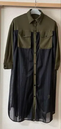 【ミカーレミカーレ】　メッシュドッキングロングシャツ　カーキ×ブラック