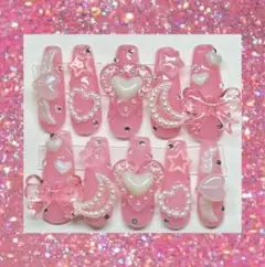 現品 ネイルチップ ピンク ハート リボン 天使 量産 地雷 サブカル ゴテゴテ
