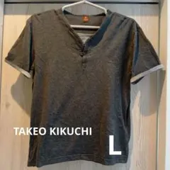 グレー Vネック Tシャツ ボタン付き