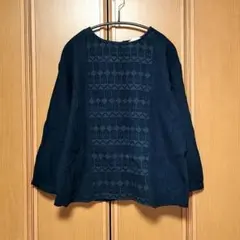 studio CLIP　幾何柄刺繍ブラウス　M　ネイビー　裾フリル