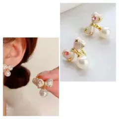 リボン型パールピアス　可愛い　お洒落　個性的　カジュアル　新品　未使用