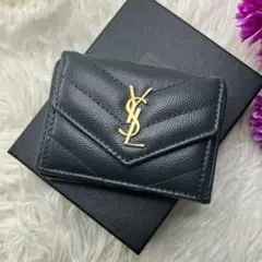 サンローラン 三つ折り財布 キャビアスキン YSLロゴ コンパクト　財布