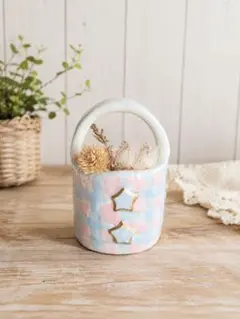＼ 今週だけお得です パステルチェックの陶器植木鉢 小さなバスケット型
