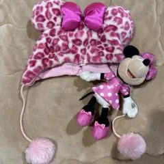 ミニーマウス ヒョウ柄帽子とぬいぐるみ