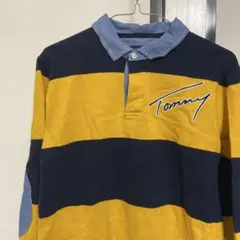 Tommy ストライプ ポロシャツ 長袖 ネイビー/イエロー