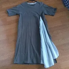半袖　ドッキングワンピース M グレー　ロング丈　ストライプ