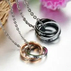 ステンレス製 ペアネックレス「 ETERNAL LOVE 」2連リングネックレス