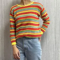 90s BENETTON マルチボーダー サマーニット 綿100 伊製のサムネイル