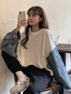SHEIN コントラストスリーブ ドロップショルダーオーバーサイズシャツ デニムのサムネイル