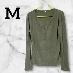 匿名配送❣️【M】オリーブ色 ヘンリーネック 長袖Tシャツ Vネック ボタン