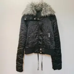 ファー付き キルティング ショートジャケット【F】黒 ブラック フェイクファー