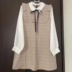 ems excite エムズエキサイト　チェック柄ワンピース フリル襟 リボン