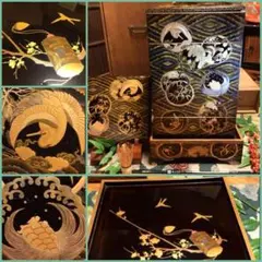 A 特別出品　木製輪島塗　鶴亀　丸紋　花蒔絵　5段重箱　（蓋2枚　共箱付）