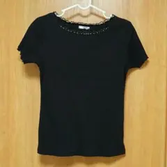 【Honeys】 春夏向け 半袖トップス M 襟レース・ビーズビジュー