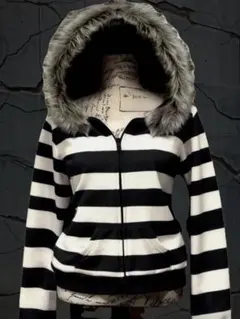 y2k ファー ジップアップパーカー グランジ 平成ギャル NANA ボーダー