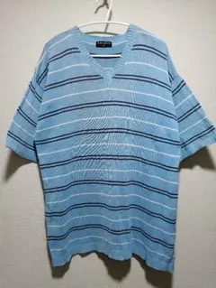 90s OLD UNIQLO 水色 ストライプ 半袖コットンニット Lサイズ