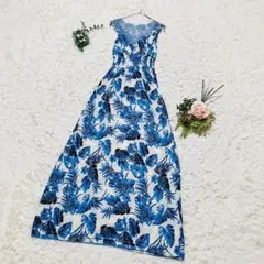 ❣️ノースリーブワンピース❣️リゾート 花柄 レース ドレス シャーリング 青 F