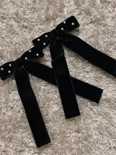 新品　ベロア　黒 ベルベット リボン　ヘアピン 2個セット　まとめ売り　ブラック