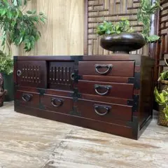 訳あり品！【139】民芸家具桐材天然無垢和引き戸付きチェスト横長テレビ台飾り棚