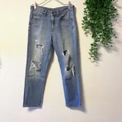 ジーユー スリムテーパードアンクルジーンズ  ケミカルウォッシュ ブルー M