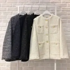 プラステ　ホワイトツイード ノーカラージャケット