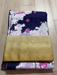 紺地 桜＆牡丹柄 浴衣＋リバーシブル帯セット クリーニング済み ゴールド×ピンク